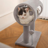 Gray Indoor Cat Tree With Hanging Ball And Tunnel Bed