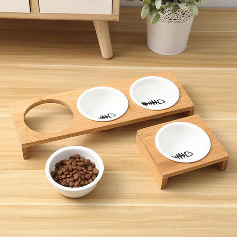 Stylish Bamboo And Ceramic Cat And Dog Feeder Bowls
