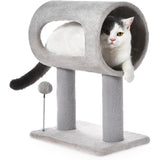 Gray Indoor Cat Tree With Hanging Ball And Tunnel Bed