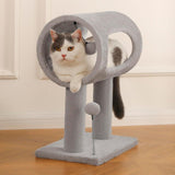 Gray Indoor Cat Tree With Hanging Ball And Tunnel Bed