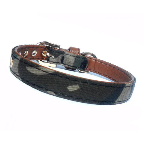 Army Fabric & Brown Faux Leather Dog Collar