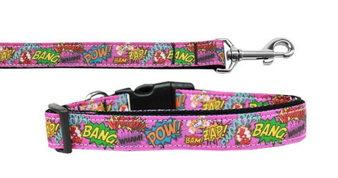 Dog & Cat Nylon Collar or Leash, "Superhero Sound Effects Pink"