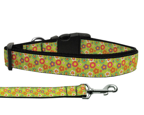 Dog & Cat Nylon Collar or Leash, "Lime Green Spring Flowers"
