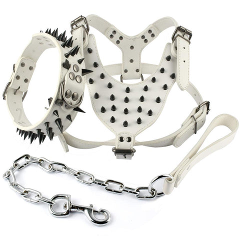 Leather Dog Harness Collar and Chain Leash Set Spiked Vest