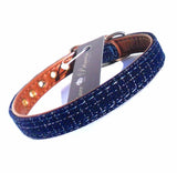 Blue Fabric & Brown Faux Leather Dog Collar